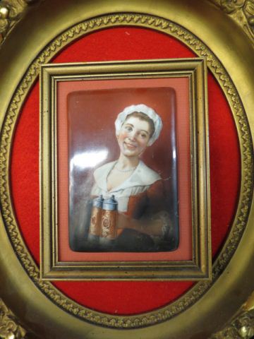 Appraisal: Painting on Porcelain Plaquewith young barmaid holding a pair of