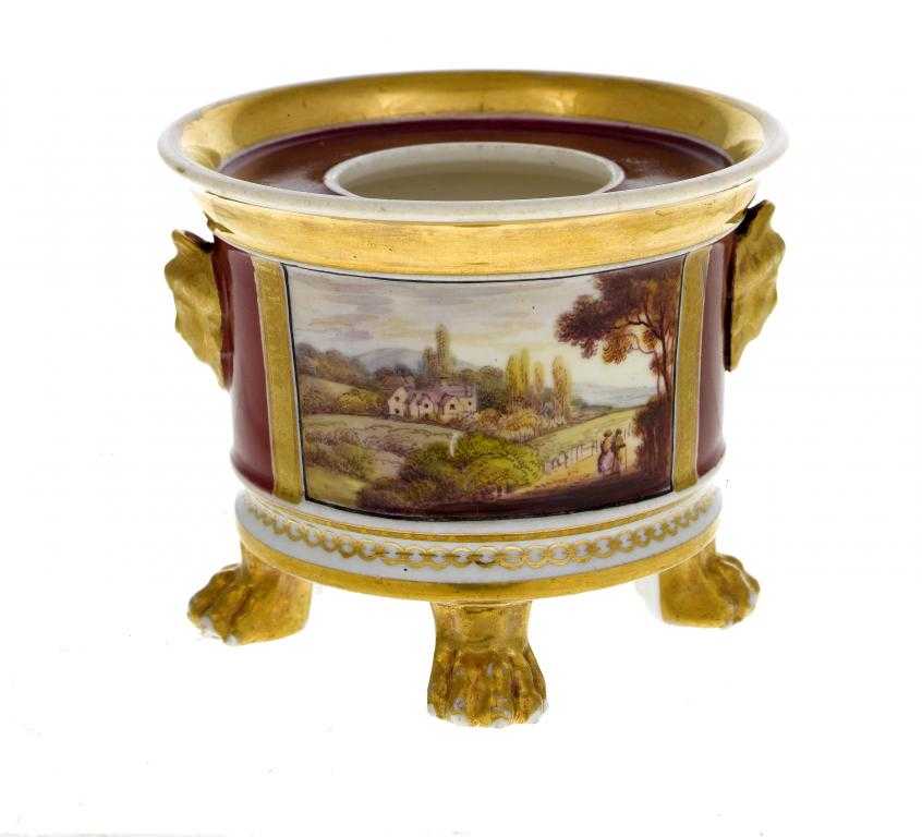 Appraisal: A CHAMBERLAIN WORCESTER CLARET GROUND INKWELL of flared cylindrical shape