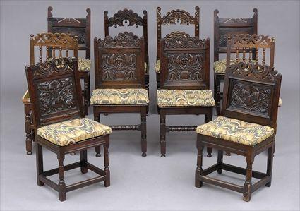 Appraisal: TEN ASSEMBLED JACOBEAN OAK SIDE CHAIRS Including paneled-back chairs with