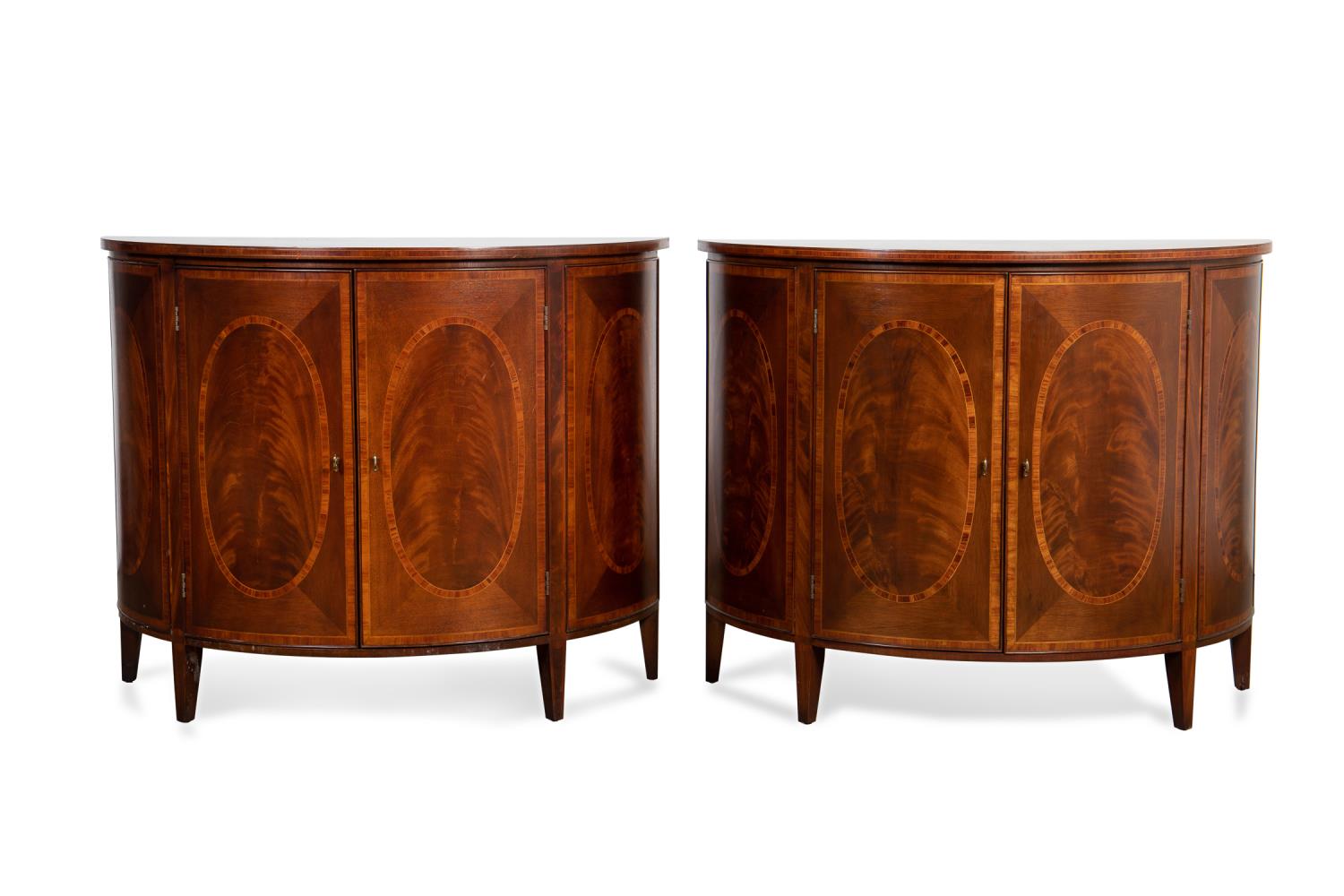 Appraisal: PAIR SHERATON STYLE INLAID DEMILUNE CABINETS Pair of mahogany veneered