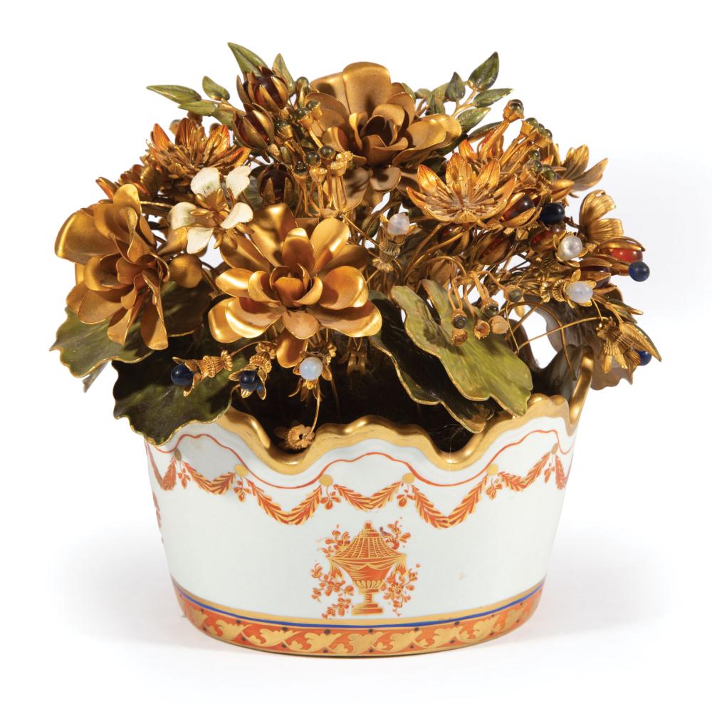 Appraisal: Mottahedeh Porcelain Jardiniere with Enameled Metal Bouquet marked scalloped rim