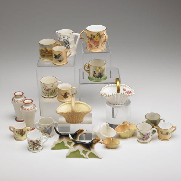 Appraisal: ROYAL WORCESTER Grouping of twenty-two miniatures including handled baskets mugs