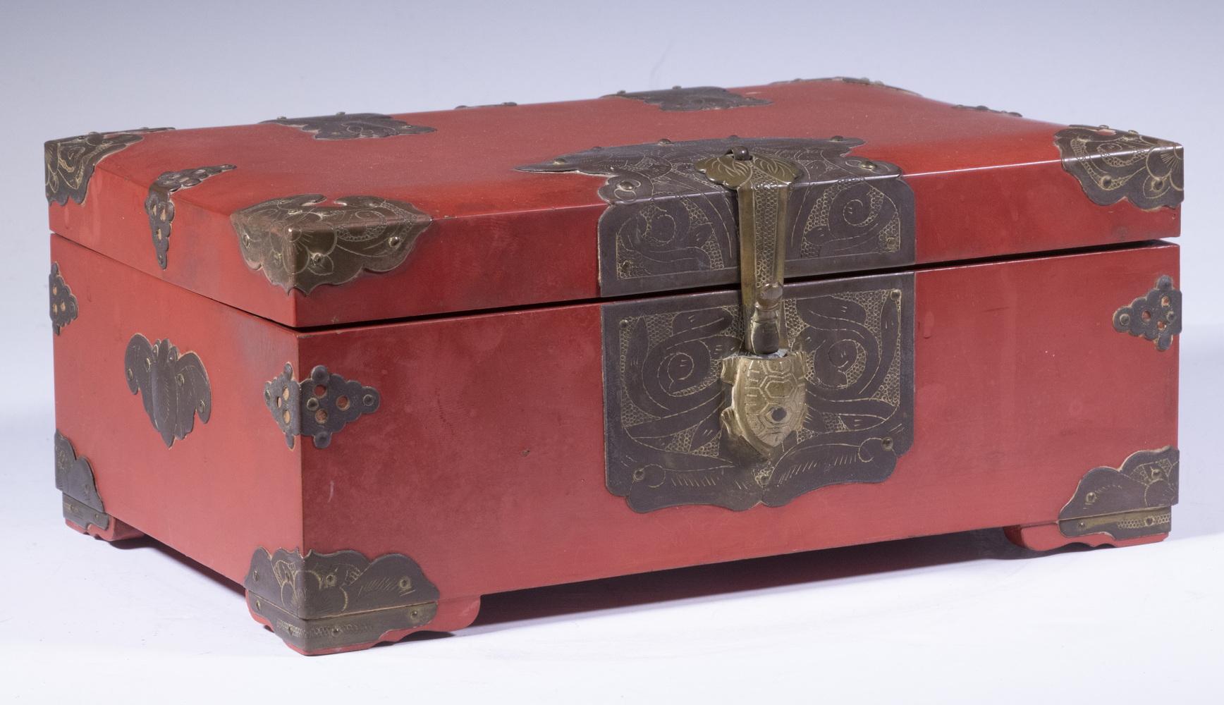 Appraisal: JAPANESE LACQUERED VALUABLES BOX Brass Mounted Red Lacquered Wooden Trinket