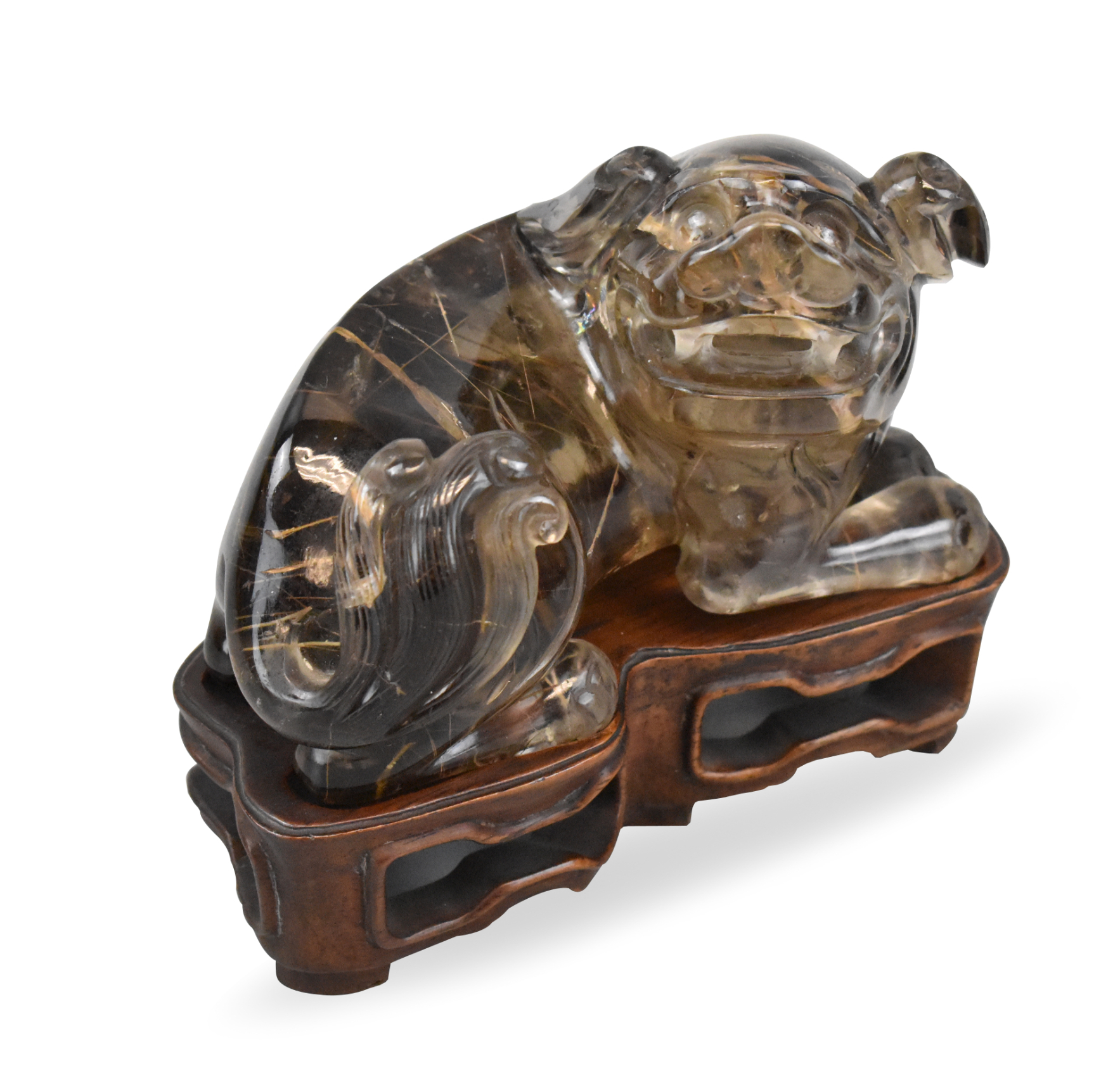 Appraisal: A Chinese rock crystal foo lion on custom wooden stand