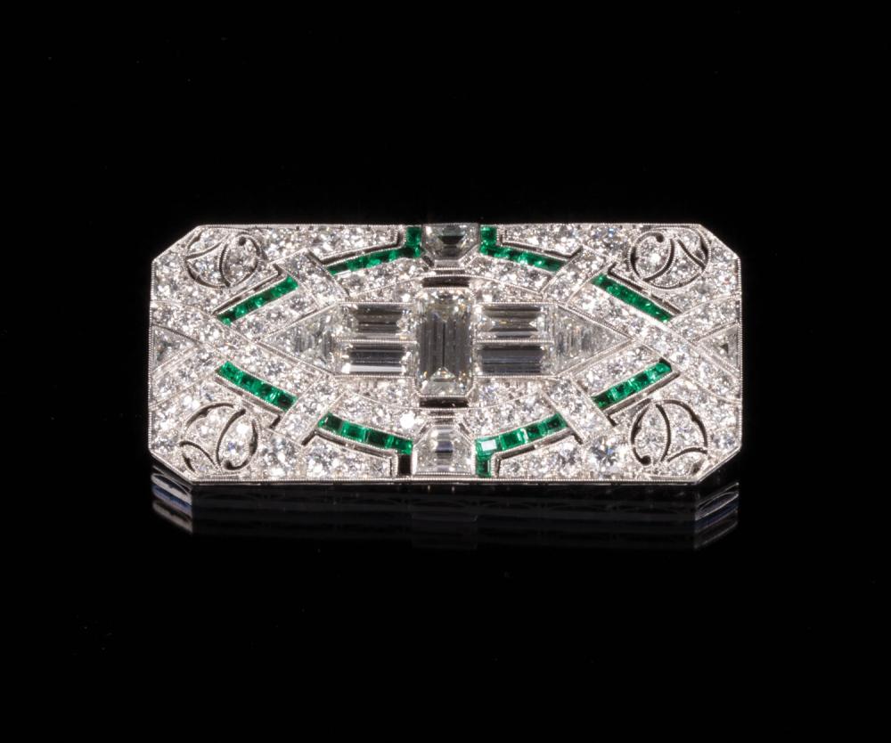 Appraisal: Art Deco Platinum Diamond and Emerald Brooch set with emerald-cut