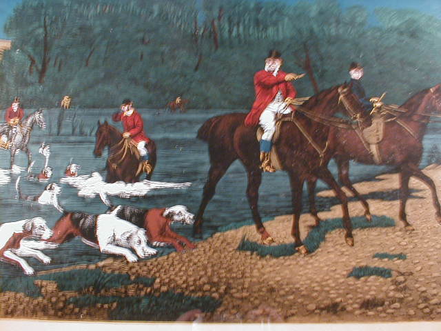 Appraisal: Coloured hunt scene on glass entitled Crossing the Coquet River