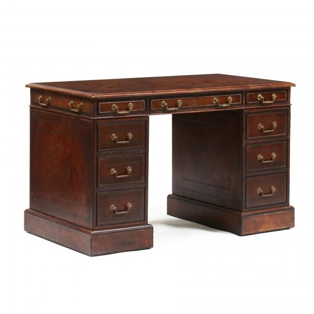 Appraisal: MAITLAND-SMITH LEATHER WRAPPED DOUBLE PEDESTAL DESK th century three-part form