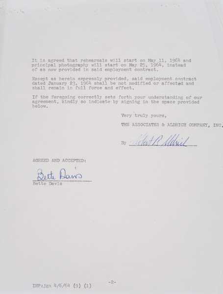 Appraisal: BETTE DAVIS Typed letter signed by Davis amending terms of