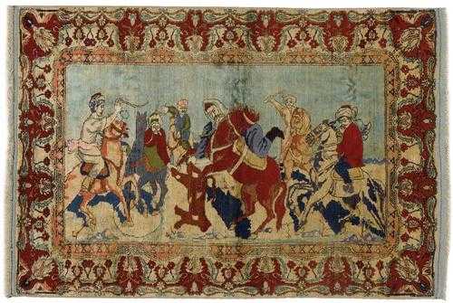 Appraisal: ANATOLIAN SILK antique Pictorial carpet with a hunting motif in