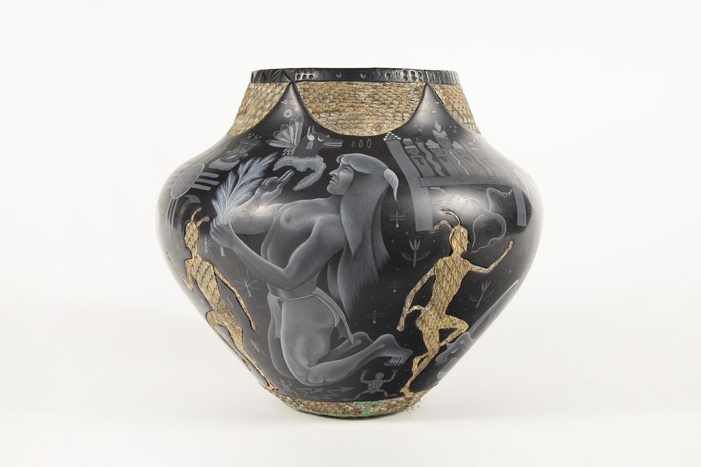 Appraisal: Zia Samuel R Medina Blackware Pot with Snake Skin Samuel