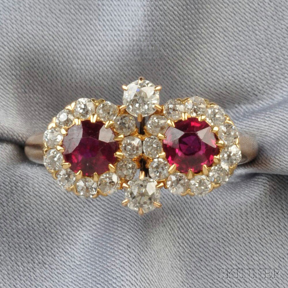 Appraisal: kt Gold Ruby and Diamond Twin-stone Ring set with cushion-cut