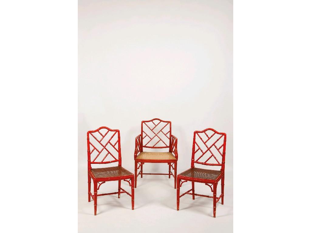 Appraisal: A SET OF SIX RED STAINED SIMULATED BAMBOO CHAIRS with