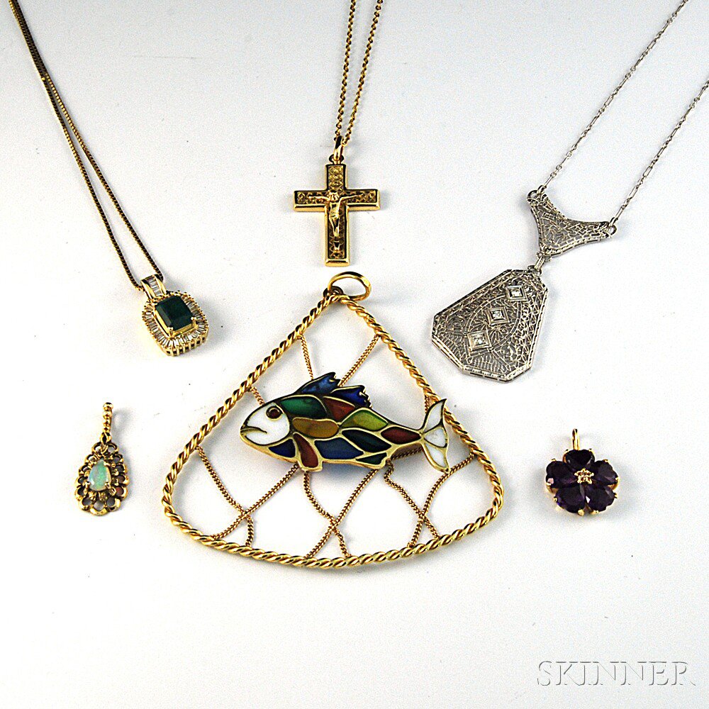 Appraisal: Six Gold Necklaces and Pendants a kt gold emerald and