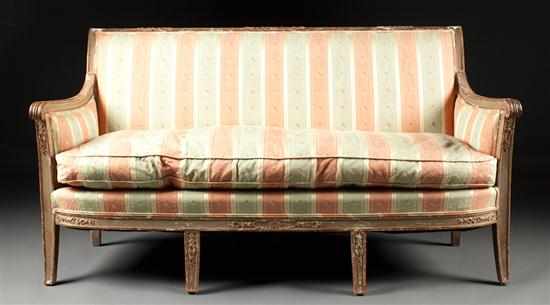 Appraisal: Restoration style carved and painted wood upholstered sofa th century