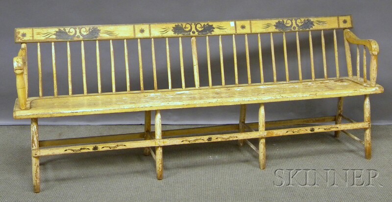 Appraisal: Yellow-painted and Decorated Wood Deacon's Bench lg in Provenance Estate