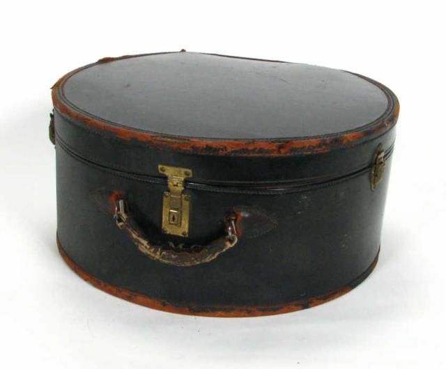 Appraisal: Vintage leather travel hat box monogrammed EMC inch diameter