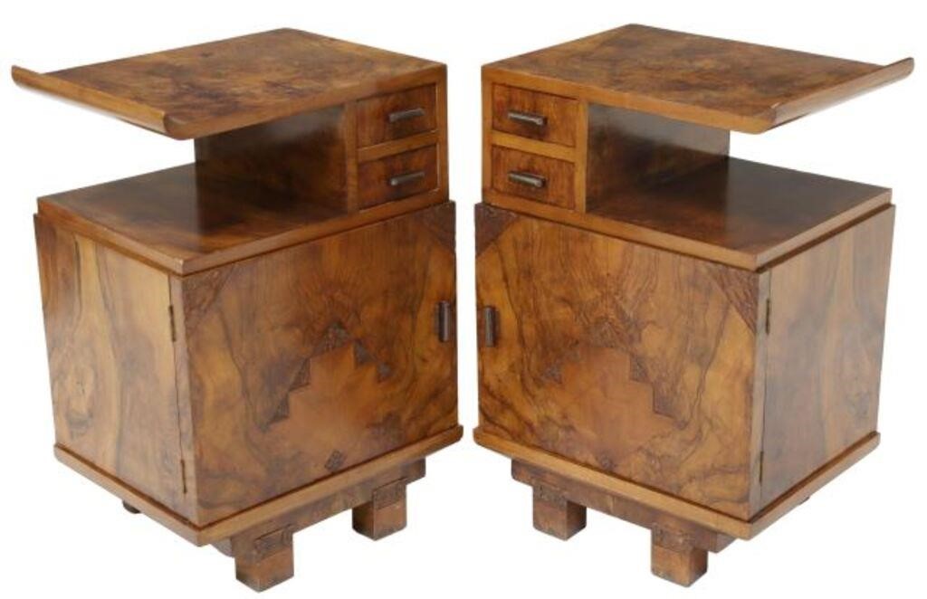 Appraisal: pair Italian Art Deco burled walnut nightstands c s having