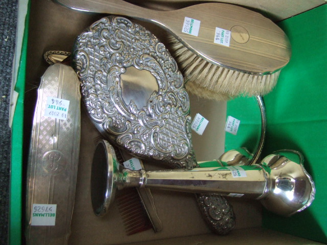 Appraisal: Silver and silver mounted dressing table wares comprising a trumpet