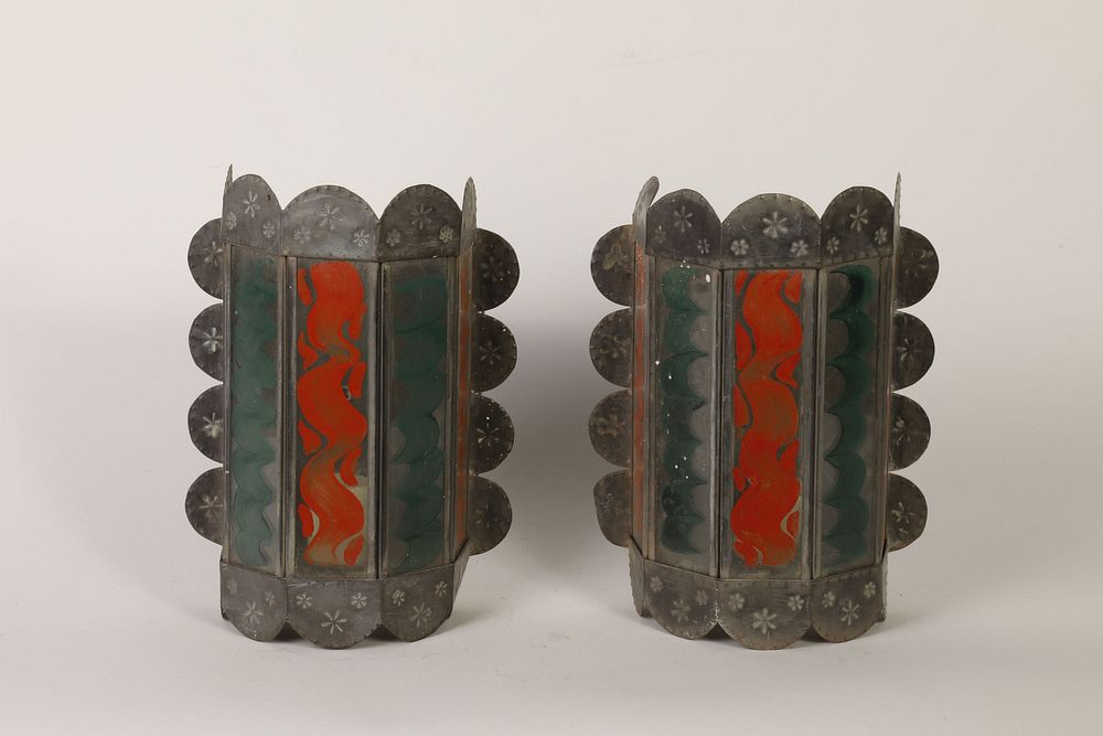 Appraisal: Pair of Painted Glass Tin Sconces ca New Mexico Revival