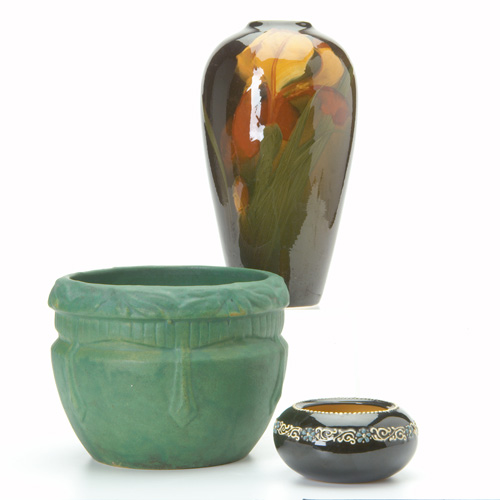 Appraisal: WELLER Three vases one matte green jardiniere by H A