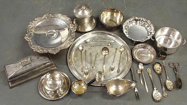 Appraisal: - Group of silverplate tableware to incl a biscuit box