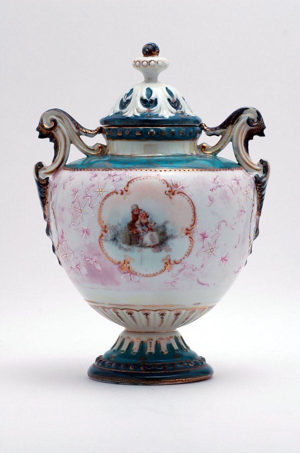 Appraisal: th century French porcelain two handled lidded vase with cartouche