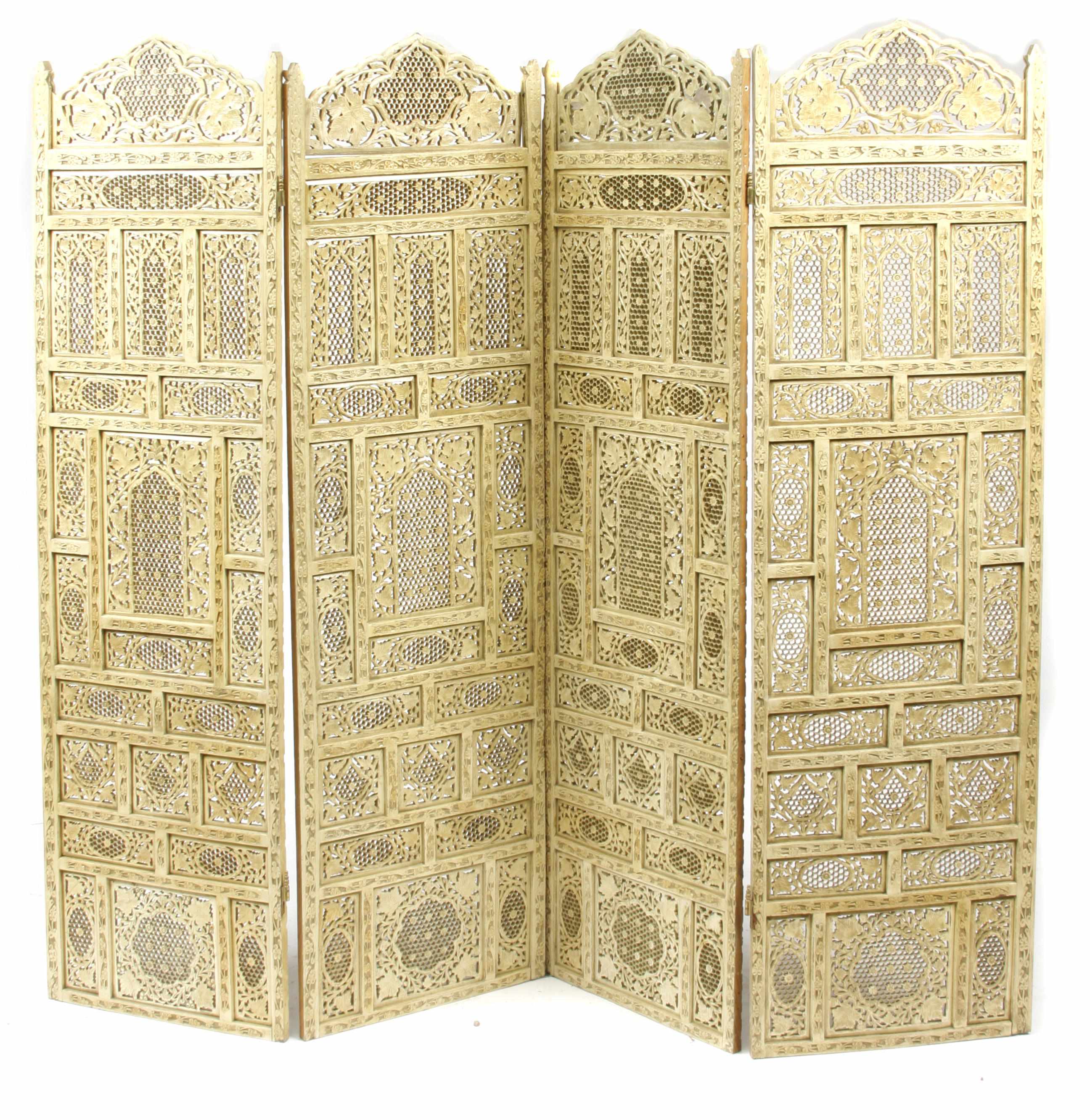 Appraisal: An Indian paint decorated four panel floor screen height in