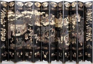 Appraisal: CHINESE BLACK LACQUER PANEL SCREEN H '' W '' hinged