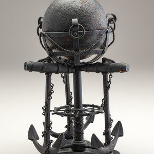 Appraisal: A Nautical Carved Wood and Iron Cannon Ball Stand th