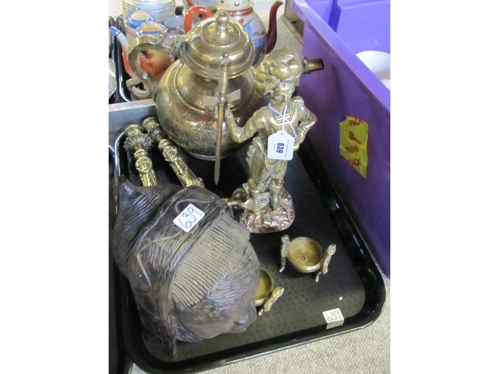 Appraisal: Tray lot of assorted brass and a carved wooden head