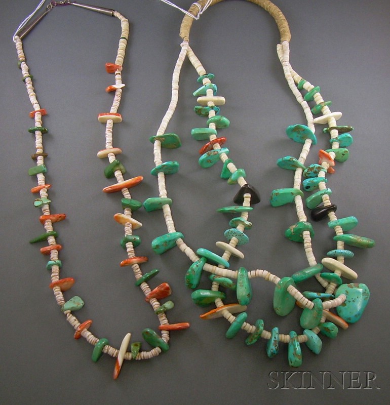 Appraisal: Two Southwest Shell and Turquoise Necklaces Pueblo shell heishi bead