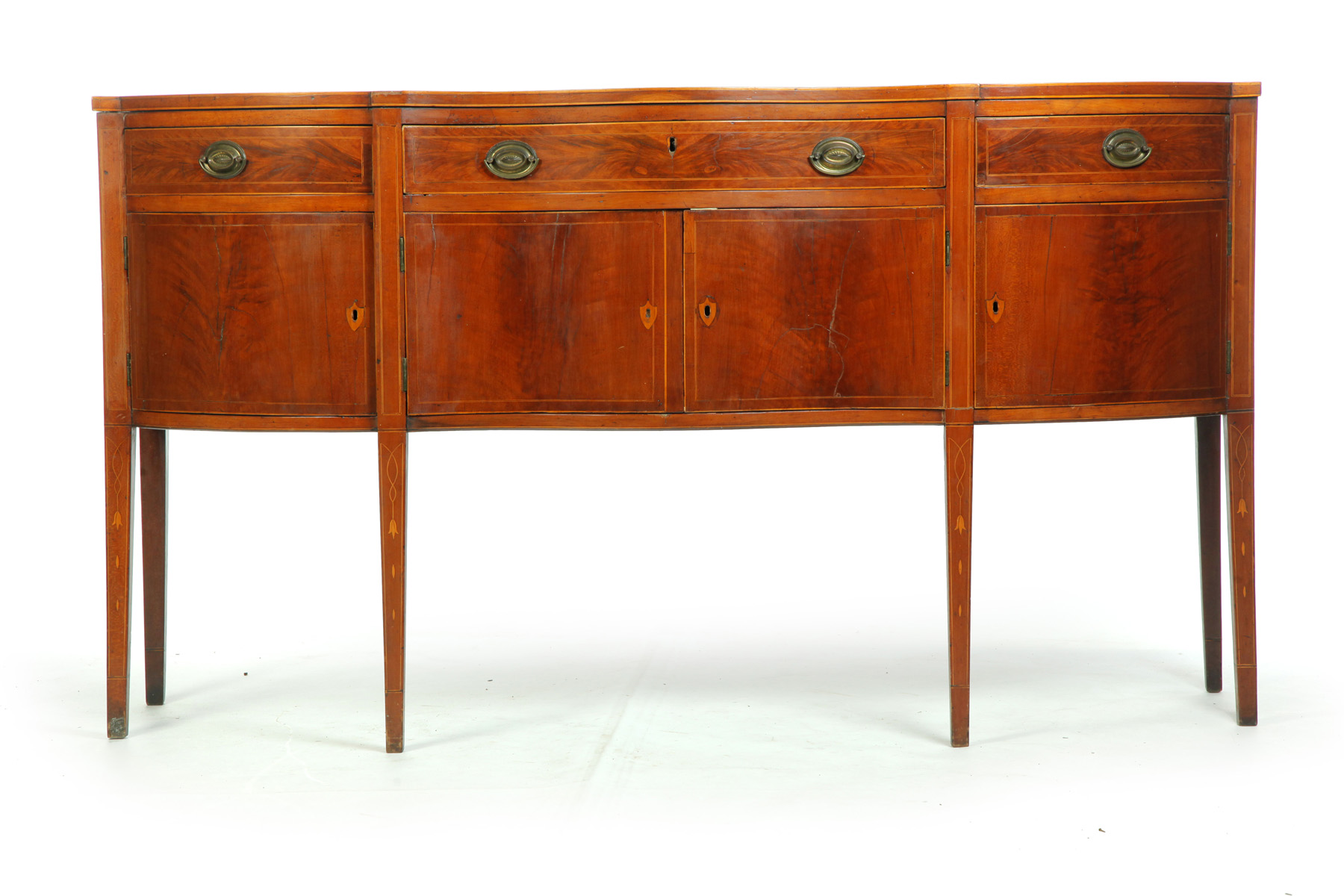 Appraisal: AMERICAN HEPPLEWHITE INLAID SIDEBOARD Late th century mahogany veneer with