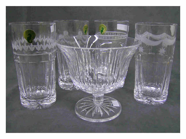 Appraisal: Four etched Waterford Crystal tumblers and pedestal bowl