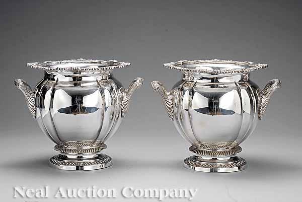 Appraisal: A Pair of Regency-Style Silverplate Melon-Form Wine Coolers with foliate