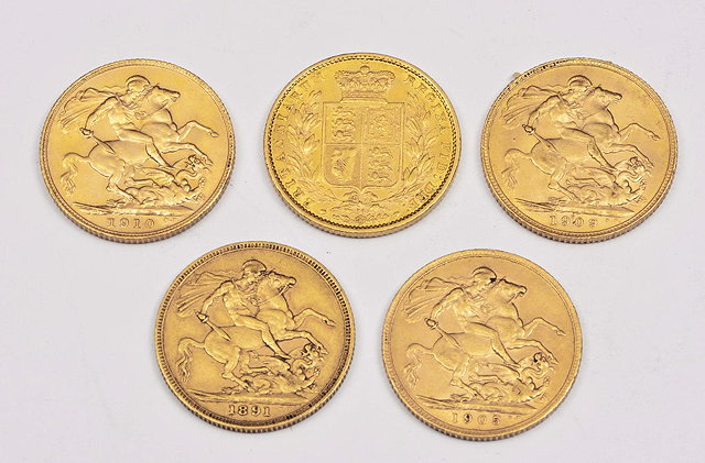 Appraisal: FIVE GOLD SOVEREIGNS dated and