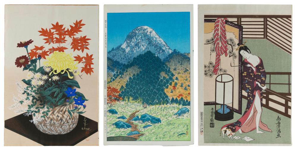 Appraisal: THREE JAPANESE WOODBLOCK PRINTS TH TH CENTURY OBAN TATE-E X