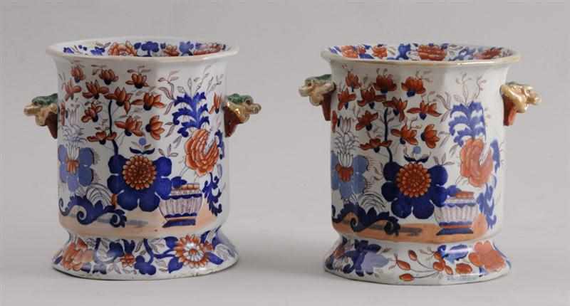 Appraisal: PAIR OF TRANSFER-PRINTED STONEWARE IMARI PATTERN WINE COOLERS Each twelve-sided