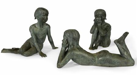 Appraisal: Story telling' - A group of three bronze garden figures