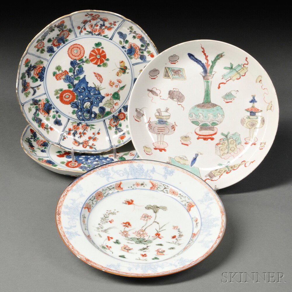 Appraisal: Four Wucai Dishes China Qing Dynasty decorated with different elements