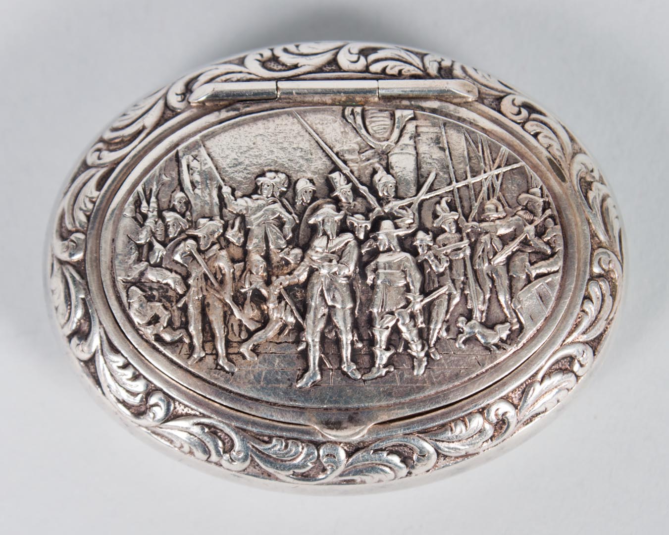 Appraisal: Continental silver-plated snuff box late th century a scene of