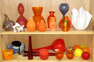 Appraisal: Two shelves of art glass vases and objects executed mostly