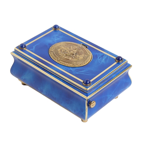 Appraisal: A Continental giltmetal and blue enamel bombe singing bird box