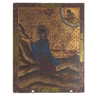 Appraisal: Greek polychrome wood icon of a female saint Greek polychrome