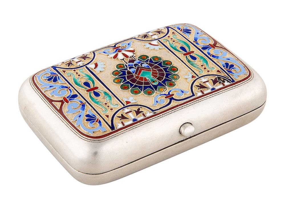 Appraisal: A RUSSIAN CHAMPLEVE ENAMEL SILVER CIGARETTE CASE WORKMASTER GRIGORY ANDREEV