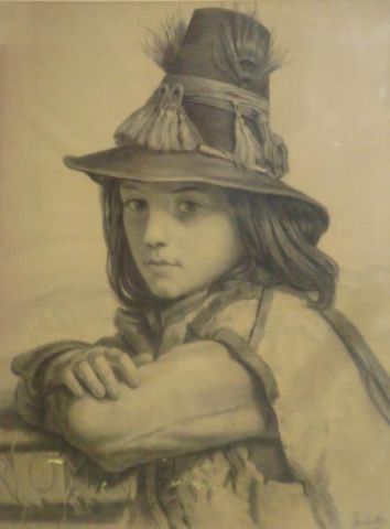 Appraisal: Marchetti Charcoal of Young Boy in Feathered Hat Signed lower