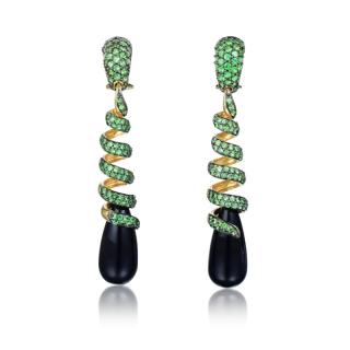 Appraisal: A Pair of Spiral Green Garnet and Black Onyx Drop