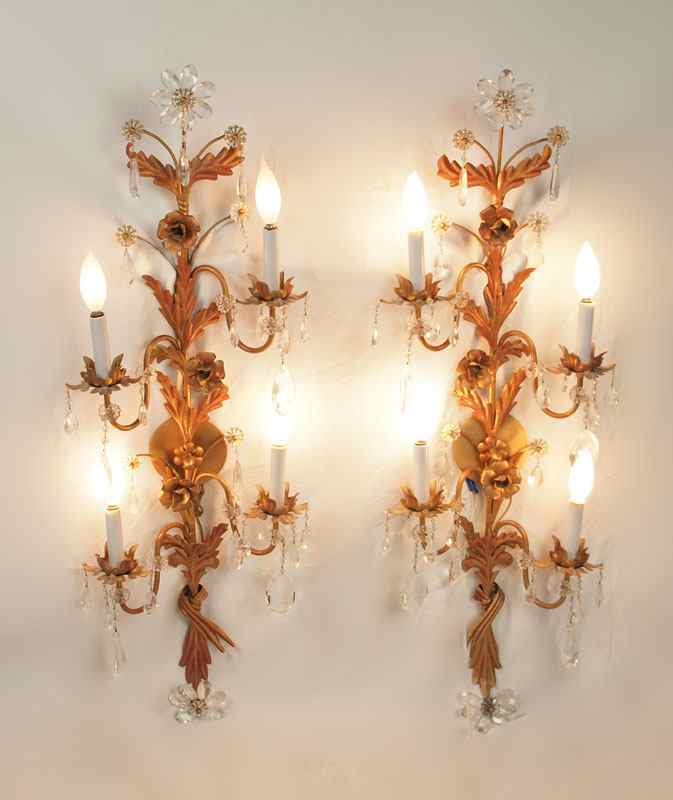 Appraisal: PAIR OF ITALIAN GILT METAL AND CRYSTAL SCONCE LAMPS Flower