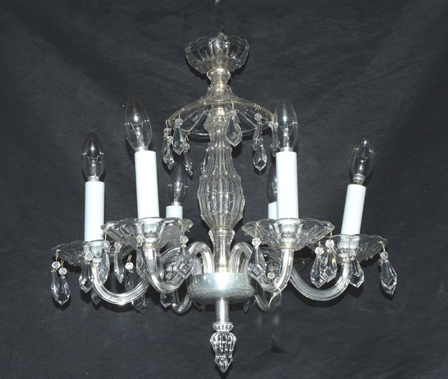 Appraisal: A SIX BRANCH GLASS CHANDELIER with shaped baluster and cut