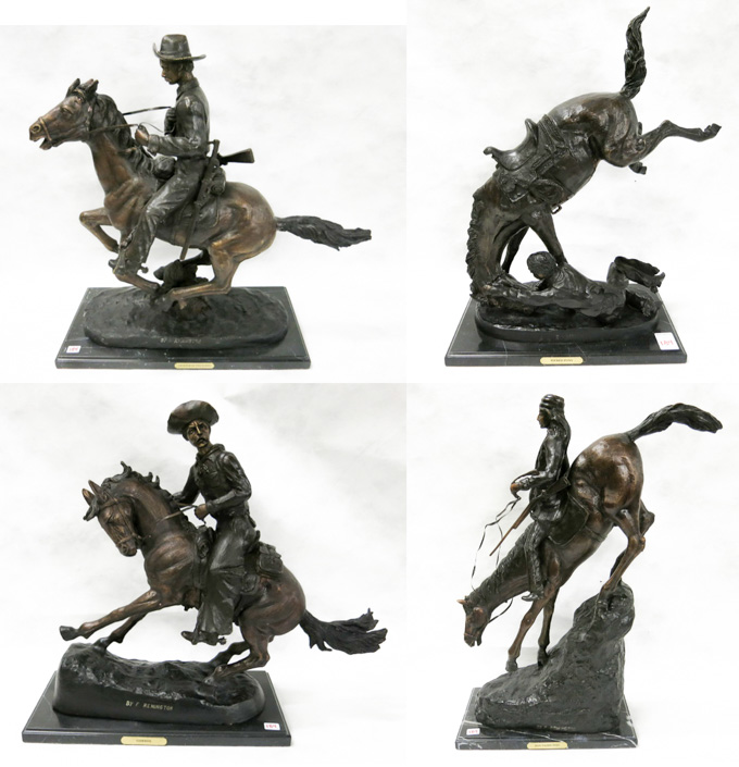 Appraisal: FOUR WESTERN BRONZE SCULPTURES after the works of Frederic Sackrider