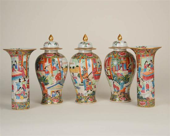 Appraisal: A Five Piece Rose Mandarin Porcelain Garniture three covered jars